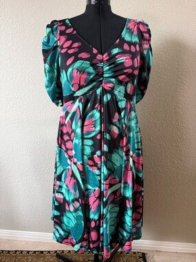 Black Midi Dress with Teal & Pink Floral Print